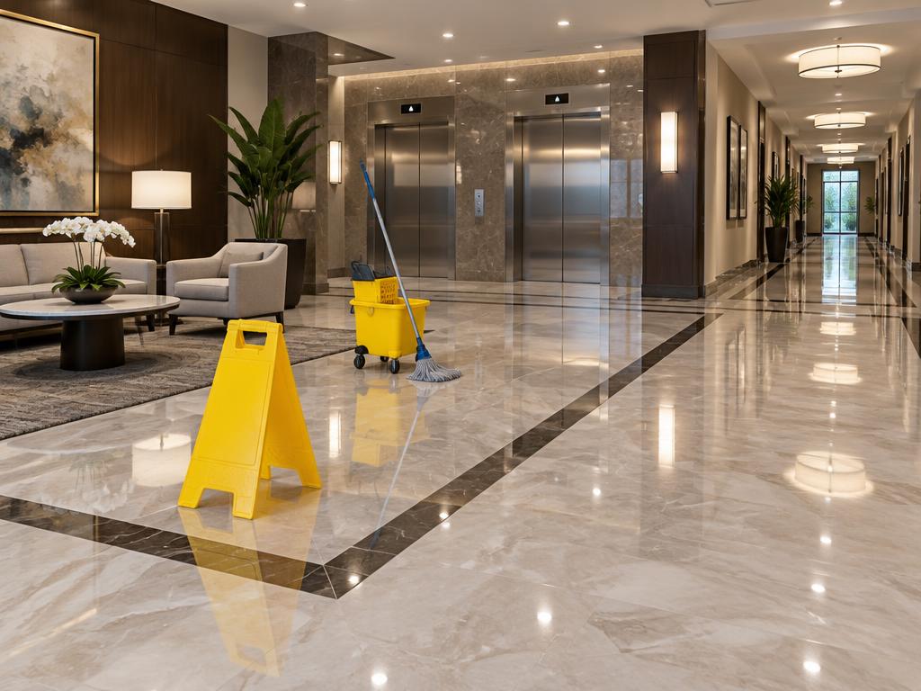 Freshly mopped condominium lobby and hallway