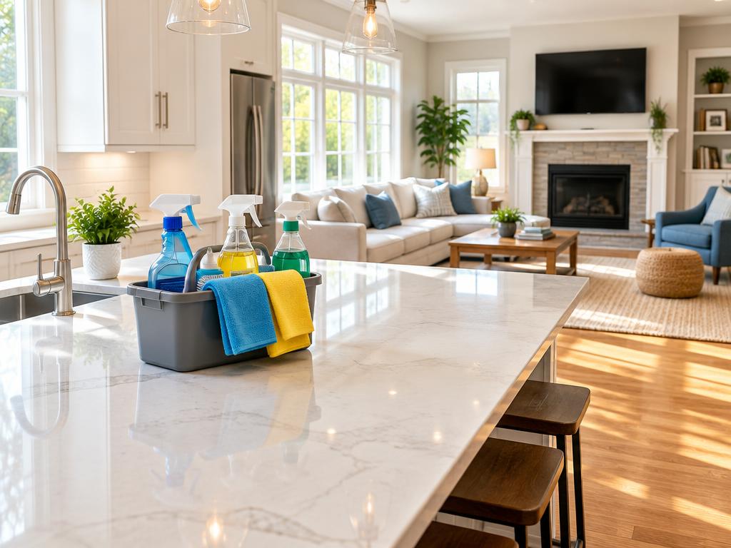 Spotless family home kitchen with cleaning supplies