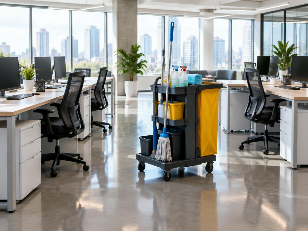 Clean modern office with a cleaning cart