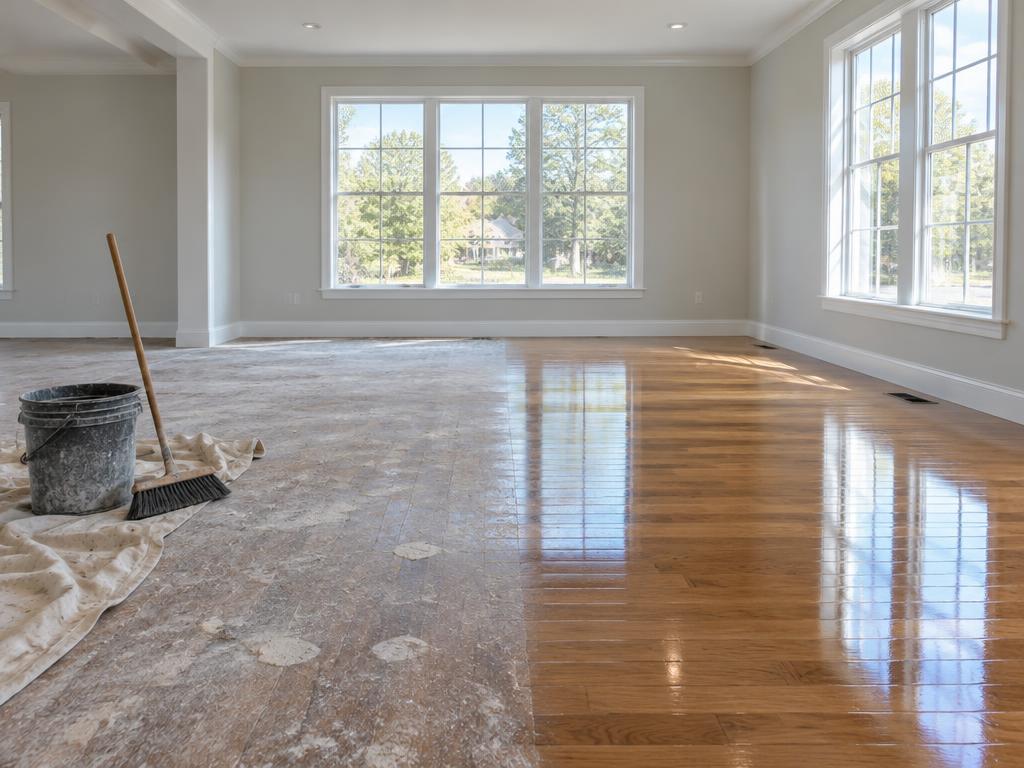 Renovated room floor half cleaned of construction dust
